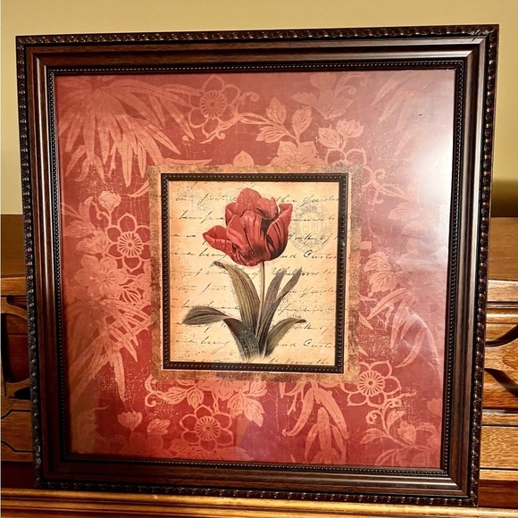 Framed Burgandy Tulip Art Print Brown Engraved Frame Artist is Elizabeth Brownd - Picture 3 of 11